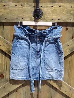 Free People Light Wash Denim Paperbag Waist Mini Skirt with Self Tie Denim Jean